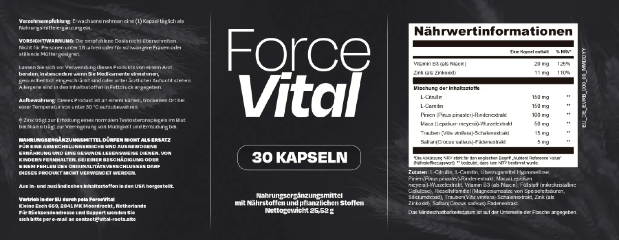 ForceVital Etikett mit Inhaltsstoffen und Nährwertinformationen